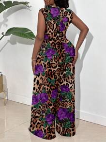 Slaydiva 大码花卉豹纹图案休闲连体裤，夏季