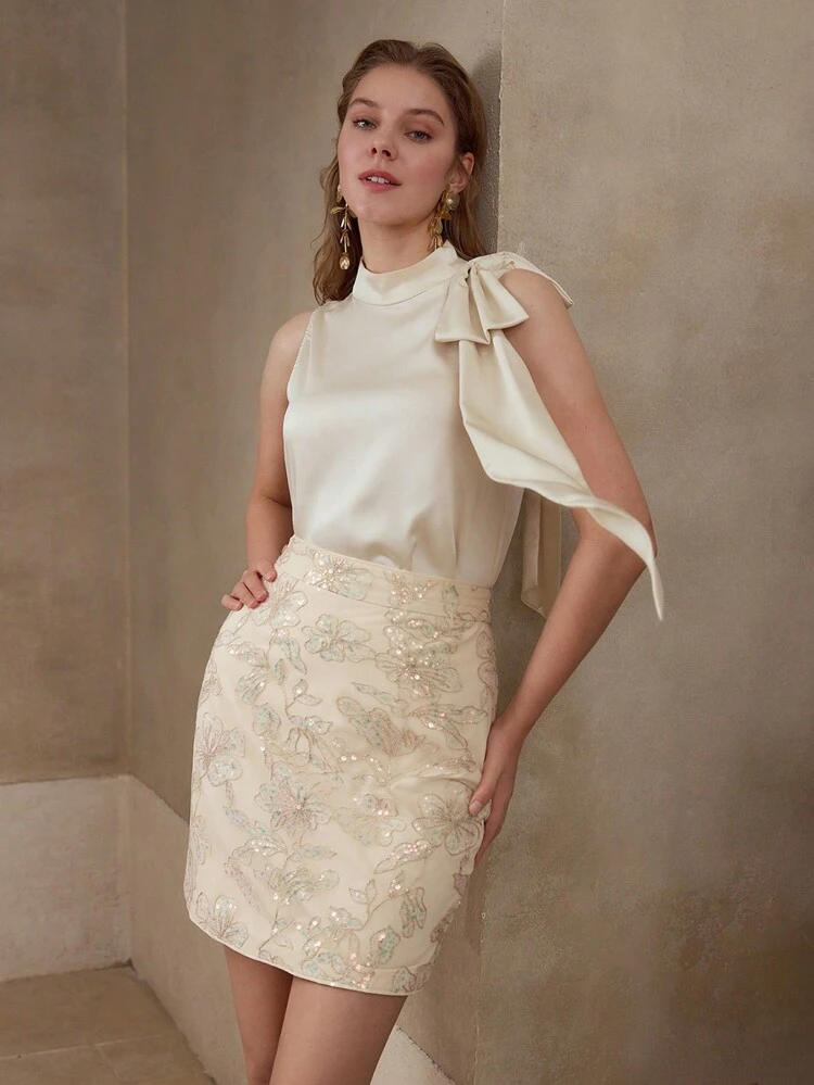 SEQUIN FLORAL PATTERN STRAIGHT SKIRT