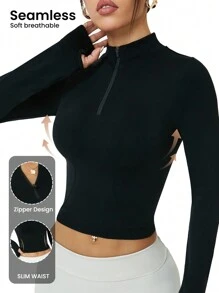 Easithlete 女士半拉链黑色无缝运动卫衣 - 黑色 - 查看 1