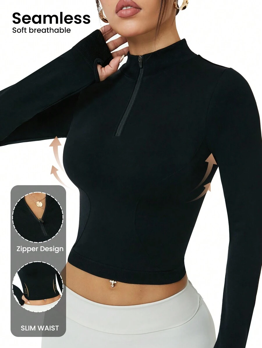 Easithlete 女士半拉链黑色无缝运动卫衣 - 黑色 - 查看 1
