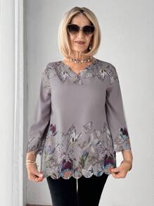 SHEIN LUNE Women's Elegant Lace Collar Positioned Pattern Print Long Sleeve Shirt - Multicolor - View 5