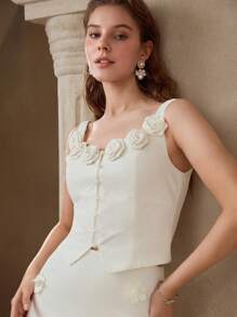 MOTF PREMIUM 立体花卉褶饰无袖衬衫 - 白色 - 查看 1