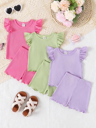 SHEIN Playful Pals 6 件套女婴荷叶边圆领混色衬衫搭配松紧腰短裤套装，可爱舒适的春夏秋季家居户外服装