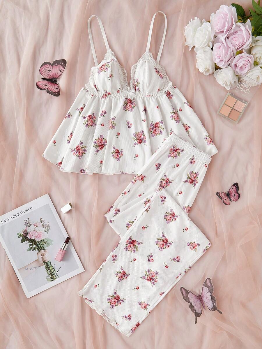Lace Patchwork V-Neck Ditsy Floral Camisole & Pants Pajama Set - White - View 1