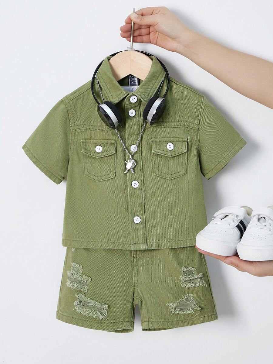 SHEIN 2pcs/Set Baby Boy Green Denim Short Sleeve Shirt & Ripped Frayed Straight Legs Loose Fit Shorts Set,For Baby Indoor/Outdoor Spring/Summer Clothes Outfits - Green - View 1