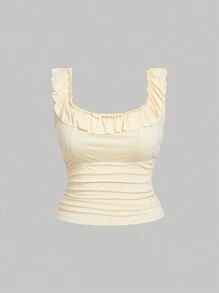 SHEIN MOD Plus Size Apricot Cute Girl Ruffle Trim Top.Beacht Top - Apricot - View 1