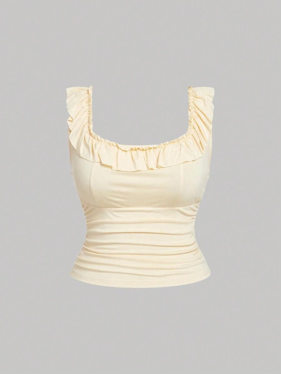 SHEIN MOD Plus Size Apricot Cute Girl Ruffle Trim Top.Beacht Top - Apricot - View 1