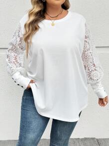 SHEIN CURVE+ Blusa elegante de manga larga con cuello redondo y encaje en contraste para mujeres talla grande, para primavera y otoño, blusa blanca de talla grande para uso casual, de fiesta o de negocios con detalles de lentejuelas - Blanco - Ver 4