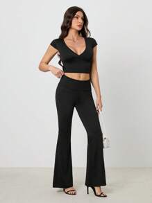 SHEIN Tall Women's Short-Sleeved Top And Bootcut Trousers Two-Piece Set - Black - View 4