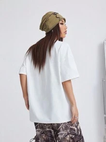 SHEIN EZwear Women's Daily Wear Streetwear Casual Leopard Number Pattern V-Neck T-Shirt - White - View 5