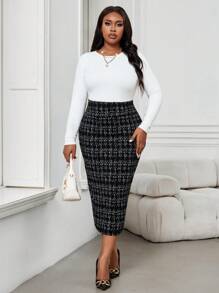 Fleurora Plus Size Elegant Plaid Fitted Pencil Skirt, Commuter Style For Autumn