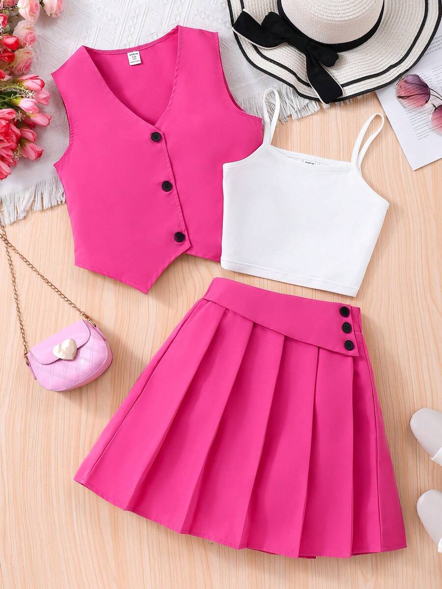 Sparklyn 少女优雅通勤三件套 | 韩版学院风上衣+吊带背心+百褶裙 | 时尚套装 | 公主范儿甜美百搭穿搭组合 - 玫紅色 - 查看 1
