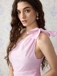 SHEIN MOD 不对称领口蝴蝶结腰部拼布飘逸下摆长裙，粉色 - 粉色 - 查看 3