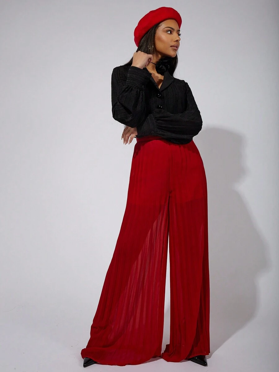 COSMINA Women's Elegant Pleated Wide Leg Long Pants In Red, Suitable For Commuting, Spring/Summer