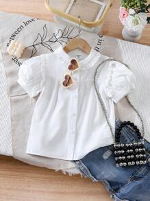 女童素色荷叶边短泡泡袖休闲衬衫