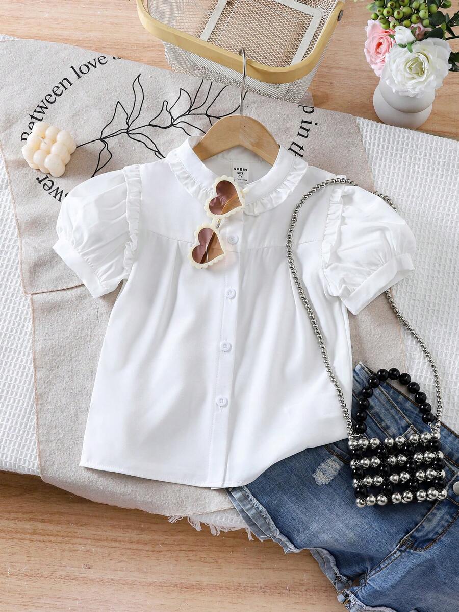 女童素色荷叶边短泡泡袖休闲衬衫