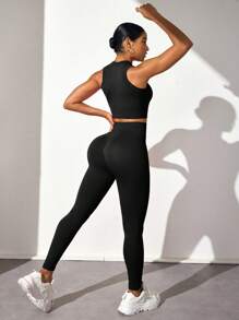 Easithlete Women Solid Color Seamless Crew Neck Sleeveless Top And Long Pants Sports Set Gym Set For Chinese New Yearwomen Workout Set - Black - View 2