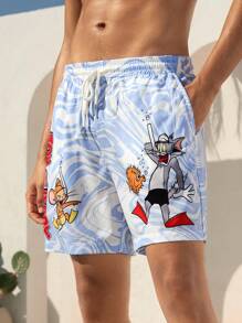 TOM & JERRY X SHEIN 1pc Men's Blue And White Summer Vacation Cartoon Graphic Drawstring Waist Beach Shorts,Hawaiian