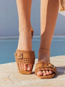 Styleloop Women's Slip-On Square Toe Mule Shoes, With Rhinestone & Pearl Decor, Fashion Versatile Beach Vacation Sandals - Brown - View 13