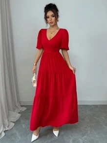 Chiquease Fashionable Everyday V-Neck Tied Backless Ruched Layered Dress For Women