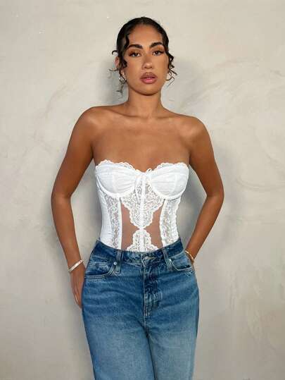 SHEIN BAE Conjunto de primavera elegante para fiesta de jardín de mujer: Camisola con bustier con escote corazón, adornada con paneles de encaje blanco y tirantes desmontables, adecuado para citas, almuerzos con amigos, salidas a principios de primavera y eventos sociales