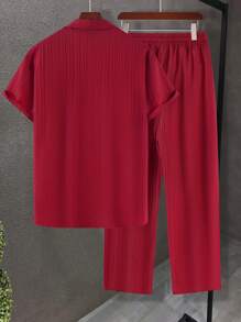 Manfinity Homme 2pcs Men's Solid Color Short Sleeve Shirt And Pants Set - Burgundy - View 2