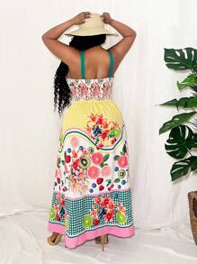 Slaydiva Casual Plus Size Women Design Sense Loose Fruit Print Camisole Loose Waist Ruffled Hem Print Dress