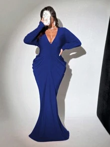 Viva Relle Plus Size Deep V-Neck Long Sleeve Ruched Dress Fall Cloth For Women - Blue - View 2