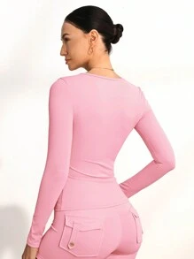 SHEIN Sports 女士纯色甜心领休闲粉色长袖运动 T 恤，情人节简约风格 - 粉色 - 查看 2