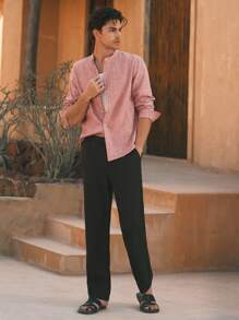 Manfinity VCAY Camisa casual de cuello redondo y mangas raglán tejida para hombre, apropiada para el verano - Rosa - Ver 4