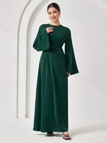 Veilorie Đầm thường ngày dài tay cổ tròn màu trơn cho nữ - màu xanh lá - Xem 5