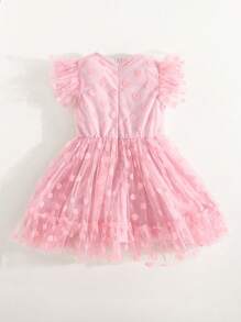 SHEIN 1 Pc Little Girls Round Neck Cap Sleeve Polka Dot Mesh Dress - Pink - View 2