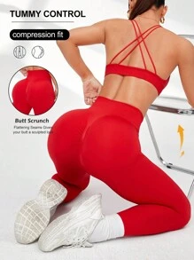 SHEIN Sport Studio Red Open Back Sports Bra And Leggings Set For Women, Yoga Fitness Workout