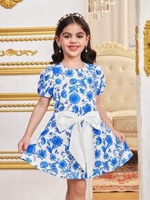 Young Girl 2 Pieces Set: Ditsy Floral Ruffled Sleeves Crop Top With Woven Skirt - Blue - View 3
