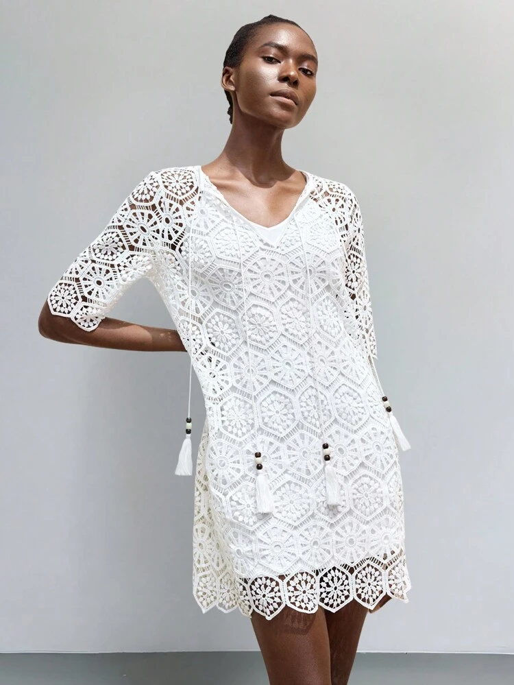 SHEIN Maija Women's Crochet Openwork Cover-Up Dress, Modern Casual Resort Style Versatile Soft & Comfortable Loose Design With Adjustable Shoulder Straps & Attached Slip Dress Bohemian