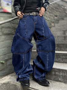 Manfinity EMRG Men's Loose Fit Pocket Flare Leg Jeans - Dark Wash - View 3