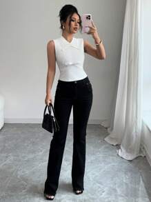 Elenzga Women's Bow Rhinestone Embellished Waist Ruffled Textured Fabric Splice Waist White Tank Top - White - View 6