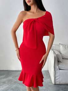 Calvaya Elegant Fitted Solid Color Bow Decor Ruffle Hem Bodycon Dress