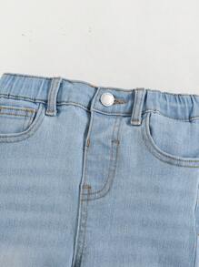 SHEIN Young Boys Spring Casual Simple Washed Ripped High Stretch Skinny Blue Denim Jeans, Spring/Summer Spring Break Daily Wear - Light Wash - View 3