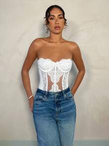 SHEIN BAE Conjunto de primavera elegante para fiesta de jardín de mujer: Camisola con bustier con escote corazón, adornada con paneles de encaje blanco y tirantes desmontables, adecuado para citas, almuerzos con amigos, salidas a principios de primavera y eventos sociales