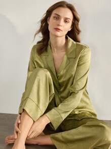 Ocili Leisure Premium Jacquard Collar Long Sleeve & Pants Ladies Sleepwear Set, Comfortable