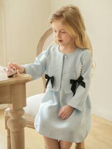 SHEIN Young Girl Front Button Long Sleeve Bow Decor Simple Jacket And Dress Set - Blue - View 8