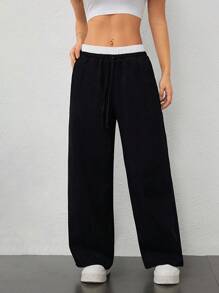 SHEIN PETITE Women's Corduroy Colorblock High Waist Pockets Wide Leg Loose Pants - Black - View 3