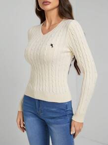 SHEIN Tall Women's Solid V-Neck Long Sleeve Simple Sweater, Casual Everyday Wear - Beige - View 1