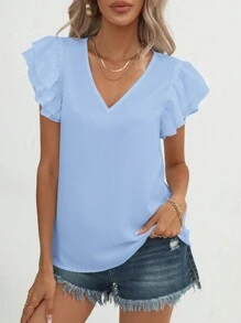 SHEIN Clasi Women's Plain V-Neck Ruffled Short Sleeve Casual Blouse - Blue - View 3