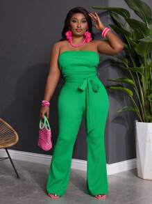 Slaydiva Wakacje Casual Nowy 2025 Elegancki i seksowny i wakacyjny styl Kobiety Plus Size Solidny zielony bandeau prążkowany materiał Kombinezon Elegancki wakacje Wiosna/Lato