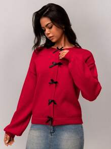 Forever 21 秋冬圆领开衫毛衣短款休闲百搭长袖针织外套 - 紅色 - 查看 4