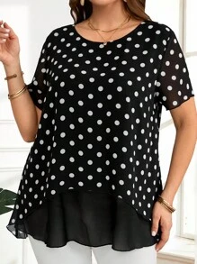 EMERY ROSE Große Größen Damen Polka Punkt Muster Rundhals Locker Kurzarm Bluse Sommer Kleidung Elegante Polka Punkt Arbeitskleidung für Damen