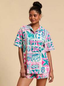 Travachic Set de 2 piezas para mujer de camisa y shorts con estampado de Hawai para primavera/verano