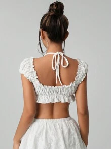 SHEIN ICON 女士白色夏季褶皱荷叶边挂脖短袖短款上衣 - 白色 - 查看 2